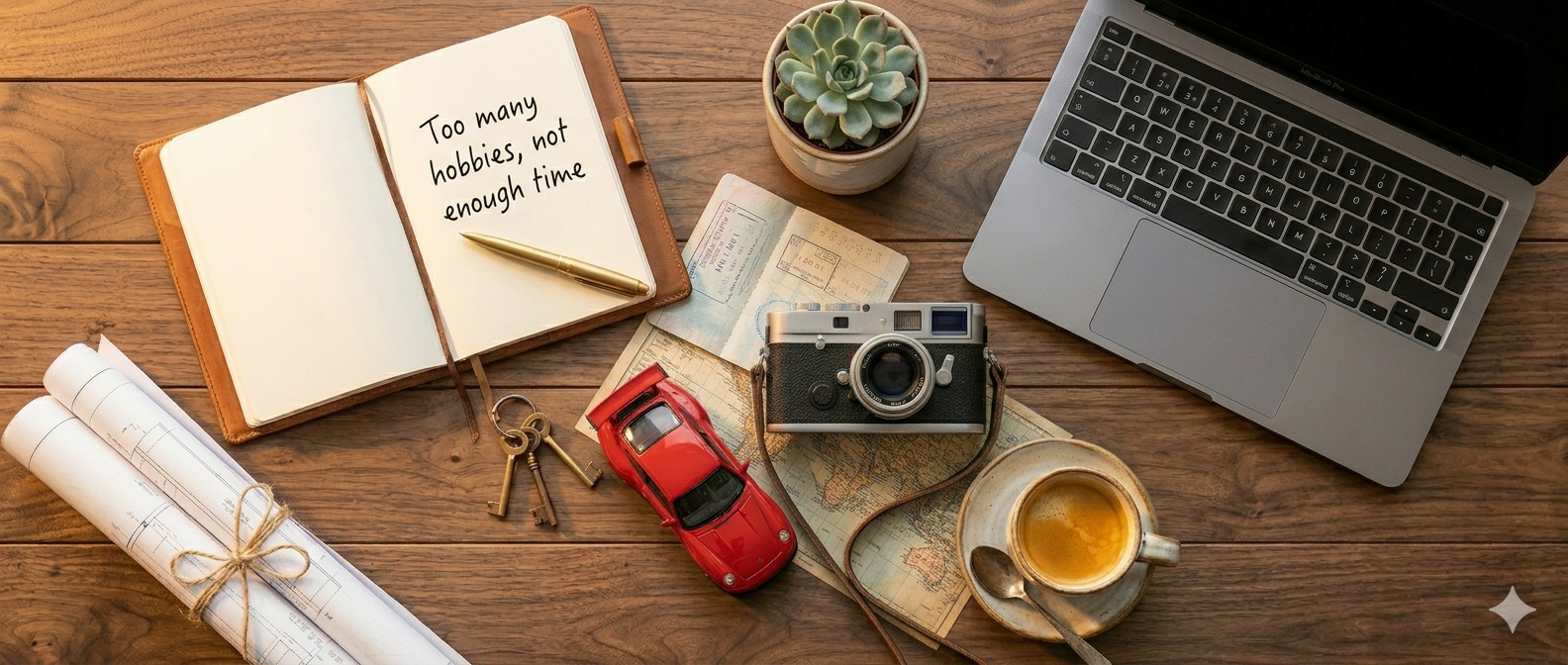 A desk with notebook reading 'Too many hobbies, not enough time', laptop, camera, toy car, coffee, and travel maps